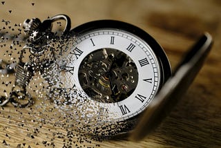 A pocket watch decomposing and blowing away.