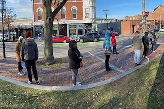 A line of people waiting to be tested for COVID. ‎⁨Chelsea Square (Winnisimmet Park)⁩, ⁨Chelsea⁩, Mass., 19 November 2020.