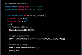 Its a Java code, uses the JDBC API to connect to a MySQL database and perform CRUD operations on the users table.