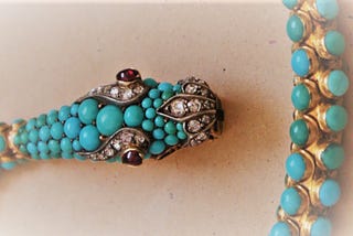 Turquoise and diamond necklace shaped like a serpent