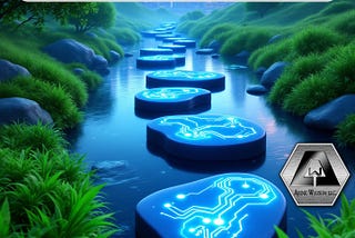 Glowing stepping stones embedded with AI circuit designs lead across a tranquil stream, surrounded by lush greenery, toward a futuristic city skyline. This visual metaphor captures the essence of progress, innovation, and the journey toward long-term growth with AI as a transformative tool. The AJENE WATSON, LLC logo anchors the image, representing guidance and partnership on this path of discovery and success.