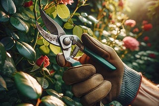 An image of a gardener pruning a rosebush. Credit: DALL-E
