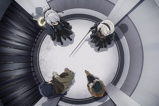 A view from above of Number 4, Number 2, Lily, and Rose standing in a circular elevator.