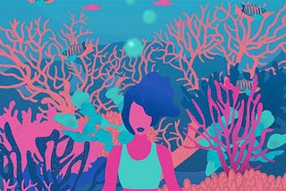 Graphic illustration of a woman of color meditating under the sea.