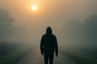 A solitary figure walks down a foggy road at sunrise, surrounded by mist and fading trees, with the path disappearing into the light.