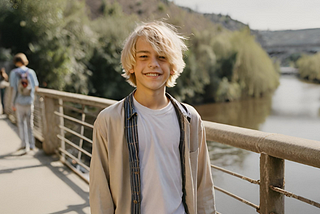 A happy teenage boy standing on a bridge over a river.