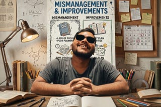 The student sitting on his study table and the background carries the title “ Mismanagement & Improvement”