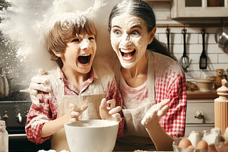 Jack and his mom in a cloud of flour dust after a kitchen accident.