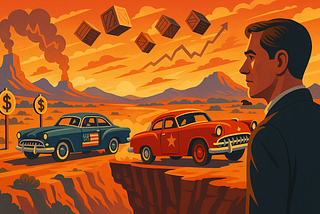 US-China trade war depicted as a dangerous game of chicken: American and Chinese flagged cars race toward a cliff edge in a California-like desert reminiscent of ‘Rebel Without a Cause.’ Dollar sign road markers, airborne trade goods, and rising price graphs illustrate the economic stakes as a lone spectator watches the impending collision.