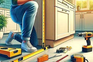 A person measures a base cabinet on a concrete floor, tools nearby, illustrating a DIY kitchen upgrade guide.