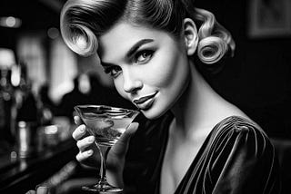 A 1950’s style model holds a cocktail glass to her lips in a bar