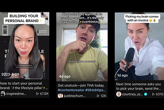 Screenshots from 3 TikTok videos. The videos are from the creators Alyssa Chan-Evangelista, Justin Schuman, and Courtney Johnson.