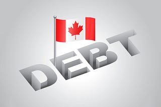 Canadian flag waving over 3d debt text.