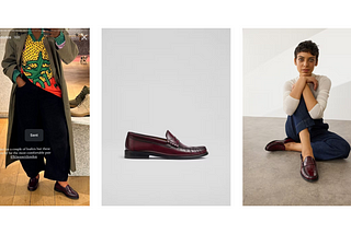 A collage of three images. The first, a screenshot of iamdodos’ Instagram stories where she’s wearing the LK Bennett loafers. The second is a a product picture of the same pair of shoes. and the third is a photo of a model sitting on the floor with one knee up to her chin. she’s also wearing the LK Bennett loafers.