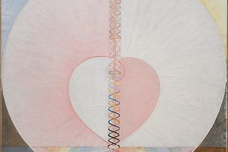 hilma af klint painting the dove number 1 a heart withing a circle posed on a rainbow colors a spiral running through it. As above, so below