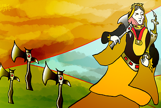 A digital drawing of a queen, somewhat resembling the queen from a playing card. She is wearing yellow and black robes and carrying a strange device in her left hand and an axe in her right. There are also three axes to the left of the image. The scene shows hills and a strange yellow veil with clouds. Art by Doodleslice 2024