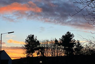 Pink, grey and orange clouds in the sky behind some trees