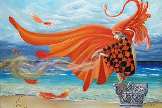 Fantasy image of a jester with feathered headdress releasing feathers on a beach.