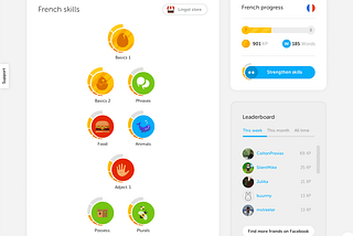 Screenshot of the Duolingo app showing progress bars and leaderboards