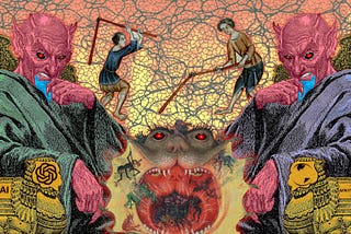 A pair of bethroned demons, identical save for different colored robes, face each other. The left demon’s throne arm is emblazoned with the OpenAI logo. The right demon’s throne bears the Universal Music Group logo. The two thrones are joined by a hellmouth — an anthropomorphic nightmare maw. The eyes of the demons and the hellmouth have been replaced with the glaring red machine-eye of HAL9000 from Kubrick’s ‘2001: A Space Odyssey.’ Between the demons toil two medieval serfs, bearing threshing