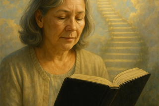 An older woman reading a book with a stairway to heaven in the background.