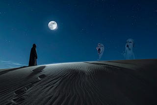 A haunting night scene in gothic horror style: a moonlit sand dune under a dark sky, ghostly children’s shadows faintly visible on the ridge, their mouths open as if chanting. The Sandman, a tall cloaked figure, stands half-dissolving into drifting sand. Ethereal atmosphere, eerie light, cinematic composition, detailed, dramatic, unsettling.