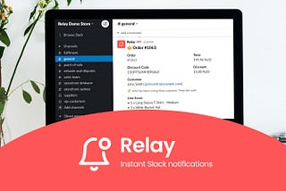 A promotional image for the Shopify app Relay, depicting a computer with Slack open on a desk.