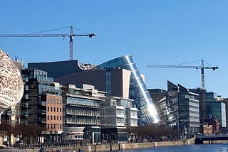 Pidgeon sitting in foreground looking sideways with office buildings in background- Dublin