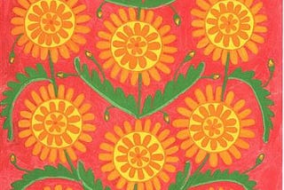 Primitive Art from 1968: nine yellow flowers with orange petals and green stems, leaves, and yellow buds are prominent against a light red background. Their stems originate from a blue and pink vase at the bottom centre, a vase with cat and fish features.
