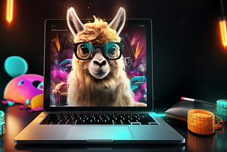 A laptop computer with a llama wearing glasses popping out of the screen.
