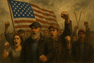 An image of an angry mob headed to the barricades with an American flag.