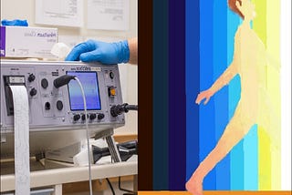 Composite photos: left side, Wikimedia Commons photo of the apparatus for giving ECT ie electroconvulsive therapy treatments; right side, a painting by the author of a naked man walking “Into Light”