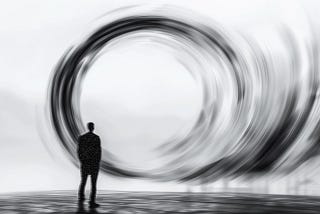 Monochrome digital artwork showing a silhouetted man standing in front of a large swirling vortex on a reflective surface.