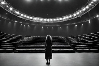 A black and white picture of a woman on an empty stage facing an empty audience