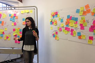 A person talking to a group in a workshop, surrounded by sticky notes.