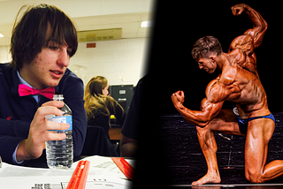 A photo of myself in high school in 2015 next to me posing during a bodybuilding contest in 2022