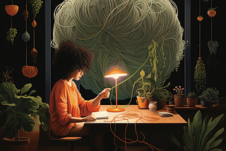 Woman at desk surrounded by plants slowly untangles large ball of yarn one bit at a time.