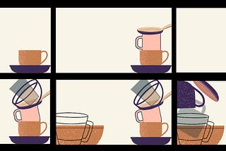 Collage of 6 different capacity states represented by a number of dishes and cups that someone has to balance. It starts with an image of a single, orderly cup that is off to the side of an image frame and ends with a messy pile of toppling dishes from both sides of the image frame.