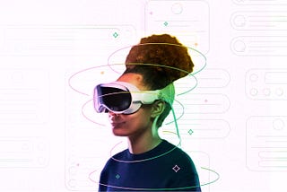 A black women wearing a Vision Pro headset with colours swirling around