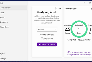 Screesnshot of Windows 10 Focus sessions timer