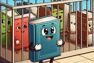 A cartoon of an adoption pound for books. Several books are in the cage, but one book is outside the bars, smiling, seeming to be trying very hard to be adopted.