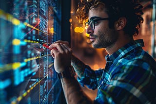 Man measuring lines of text on digital screen