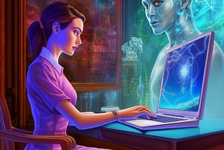 Woman working on a computer with a robot-type humanoid behind the screen.