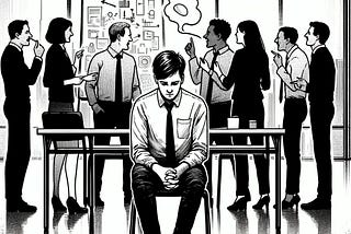 A black and white illustration, in the foreground, a man sits alone at a table, appearing contemplative or disengaged from the activity around him. In the background a diverse group of seven professionals engaged in a discussion around a whiteboard.