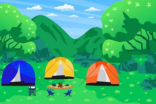 Illustration of three tents in a field in the woods.