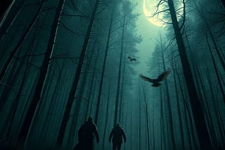An intensely dense boreal forest falls into twilight. A trio of two men and a woman, scared for their lives, bolt from camp, running into the dark forest, away from something unseen but sinister and powerful, snapping trees as it crashes through the forest behind them. Owls and bats flee the forest in fear. The mood is tense and terrifying.