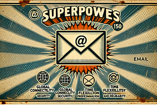 1950s-style illustration of a central envelope surrounded by icons representing global connectivity, security, time flexibility, professionalism, personalisation, and reliability, with a rusted, aged metal sign aesthetic for a real life hack.