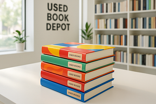 Gently used books with modern covers stacked on a clean white table at Used Book Depot, with bright shelves and sunlight in the background