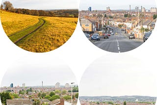 2 circle photographs above and 2 circle photographs below, of New Walk Leicester showing various city and landscape shots, showing people and places