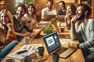 Website designers laughing at dad jokes while enjoying coffee